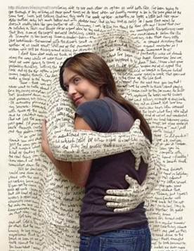  Image of girl being held by text from a book in human shape